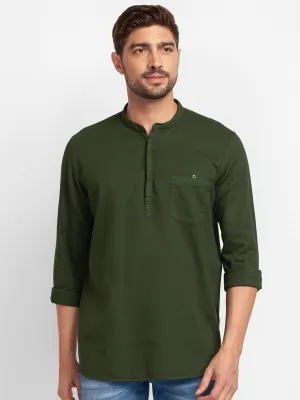 Spykar Olive Green Cotton Full Sleeve Plain Shirt Kurta For Men