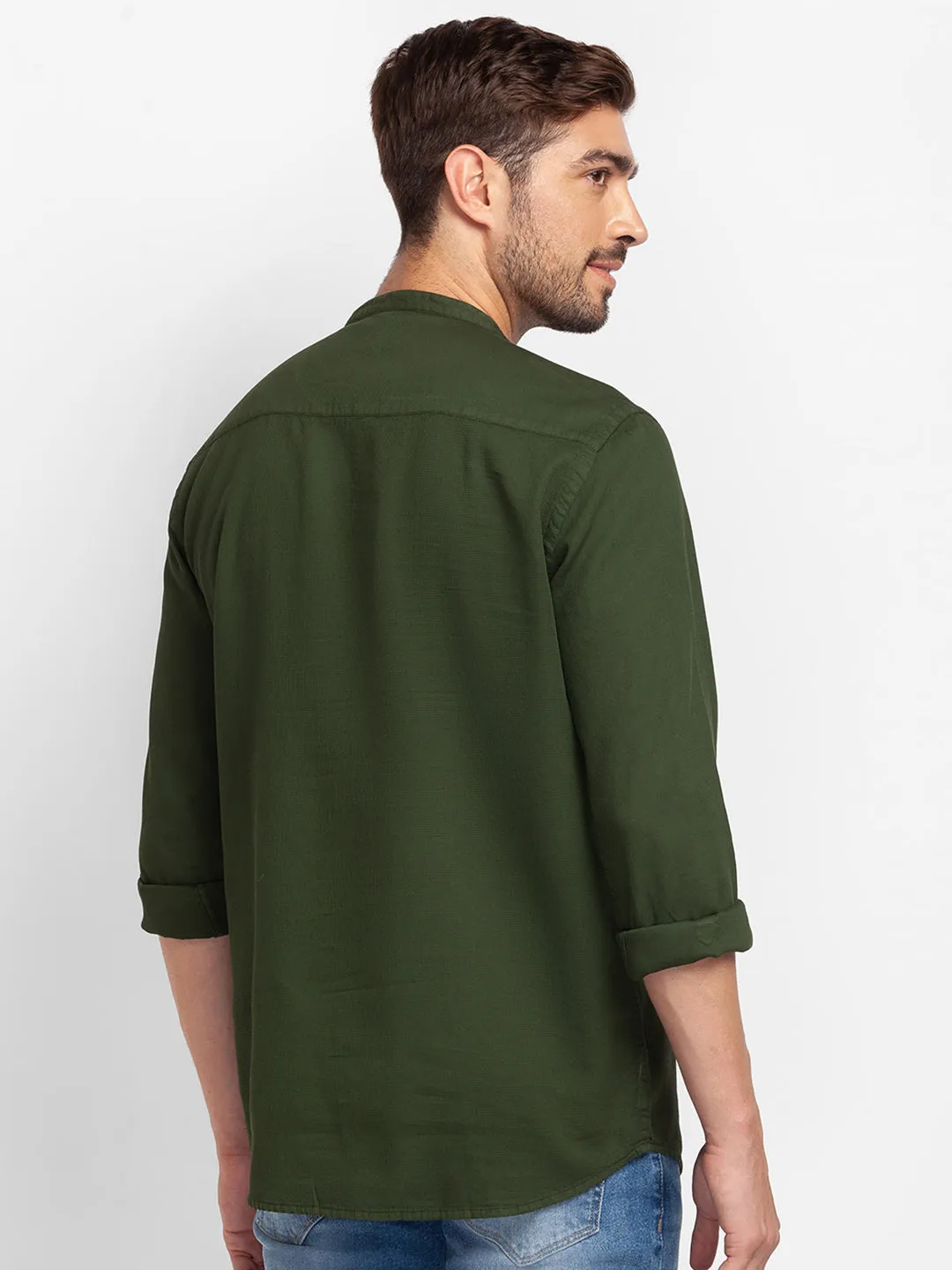 Spykar Olive Green Cotton Full Sleeve Plain Shirt Kurta For Men