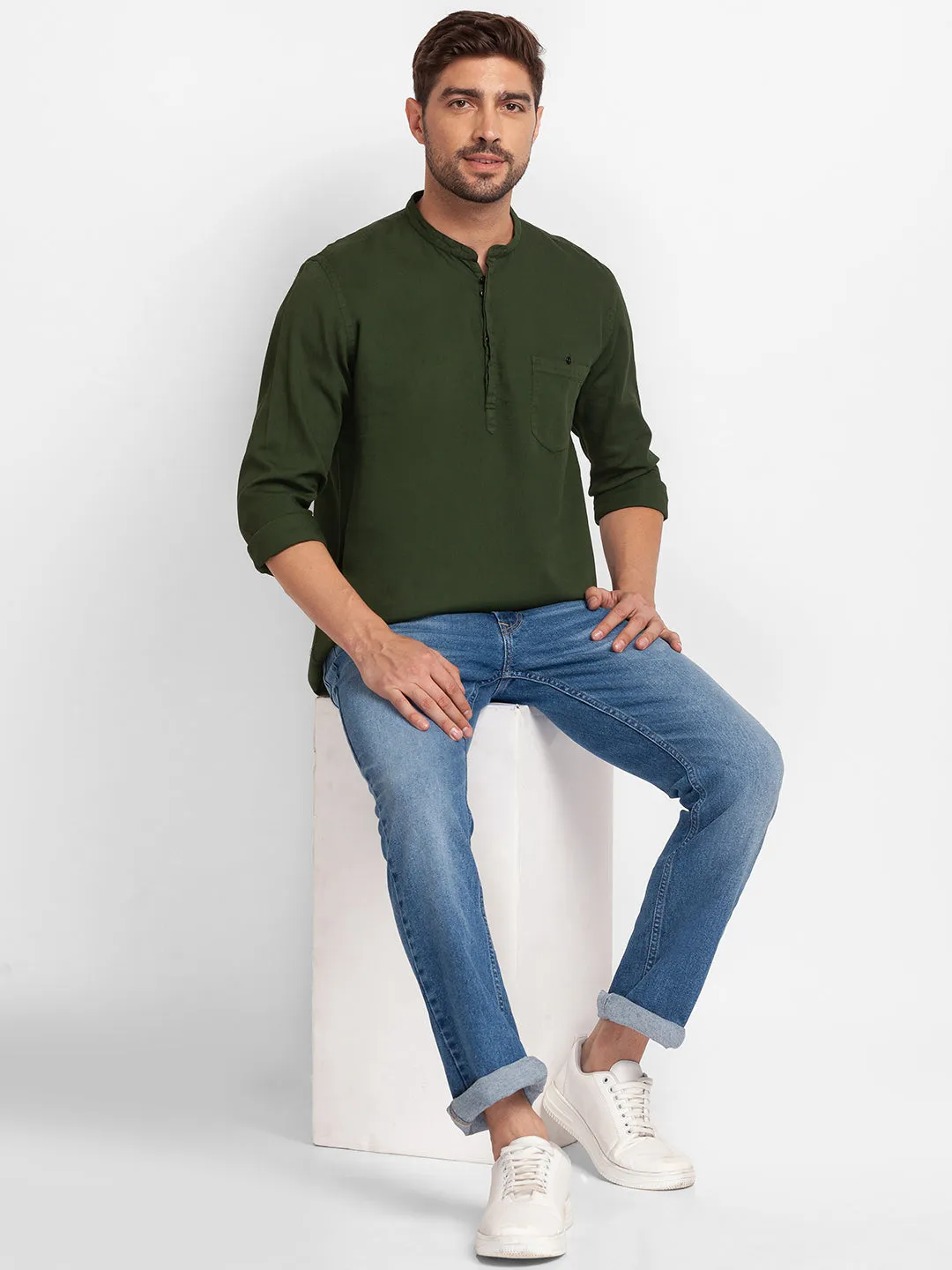 Spykar Olive Green Cotton Full Sleeve Plain Shirt Kurta For Men