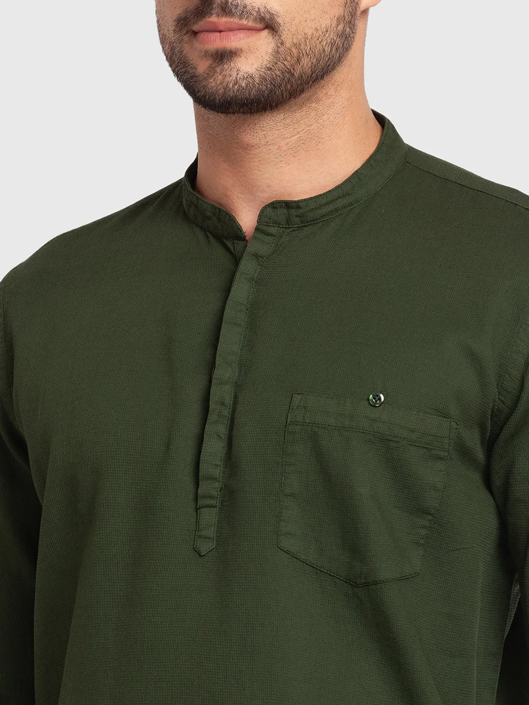 Spykar Olive Green Cotton Full Sleeve Plain Shirt Kurta For Men