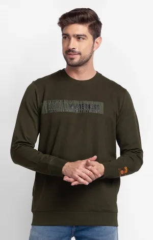 Spykar Rifle Green Cotton Full Sleeve Round Neck Sweatshirt For Men