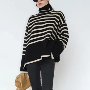 Striped Sweater For Women Turtleneck Long Sleeves Loose Casual Temperament Sweaters Female Fashion Clothing