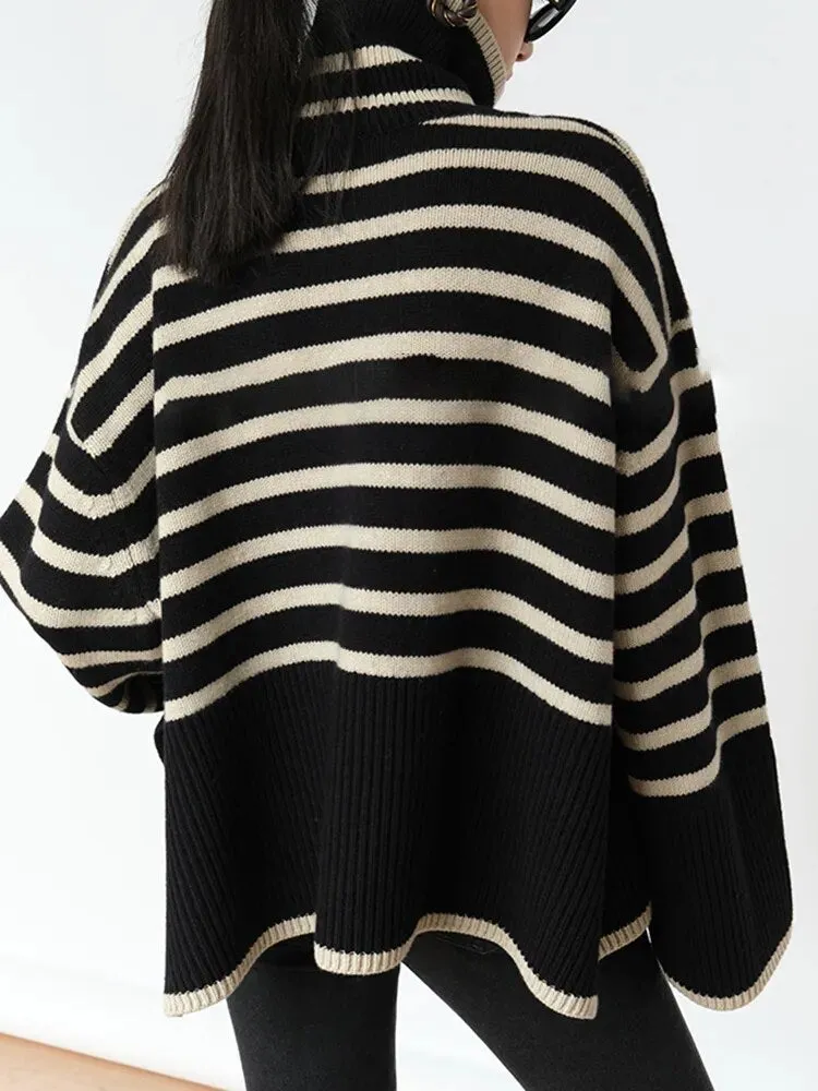 Striped Sweater For Women Turtleneck Long Sleeves Loose Casual Temperament Sweaters Female Fashion Clothing