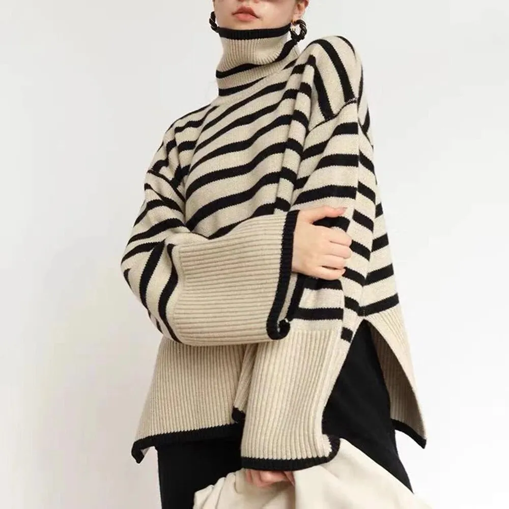 Striped Sweater For Women Turtleneck Long Sleeves Loose Casual Temperament Sweaters Female Fashion Clothing