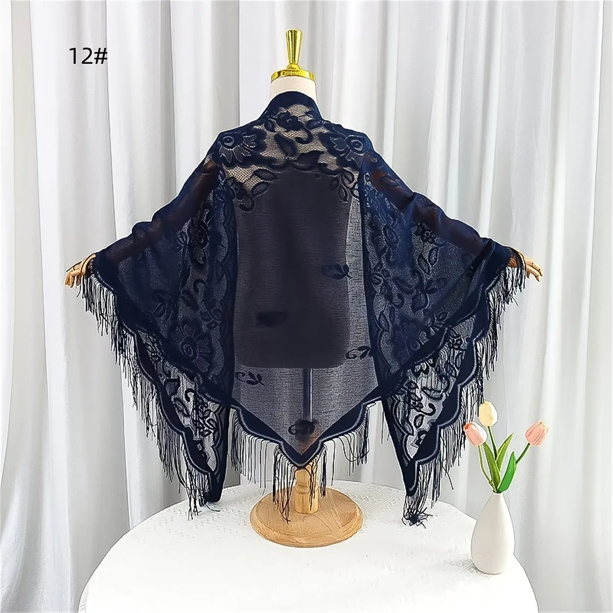 Stylish Triangle Shawl Scarf - Breathable, Lightweight, Monochrome Flower Lace Design, Tassel Trim, Elegant Sunscreen Head Wrap for Women - Perfect Accessory for Outdoor Activities