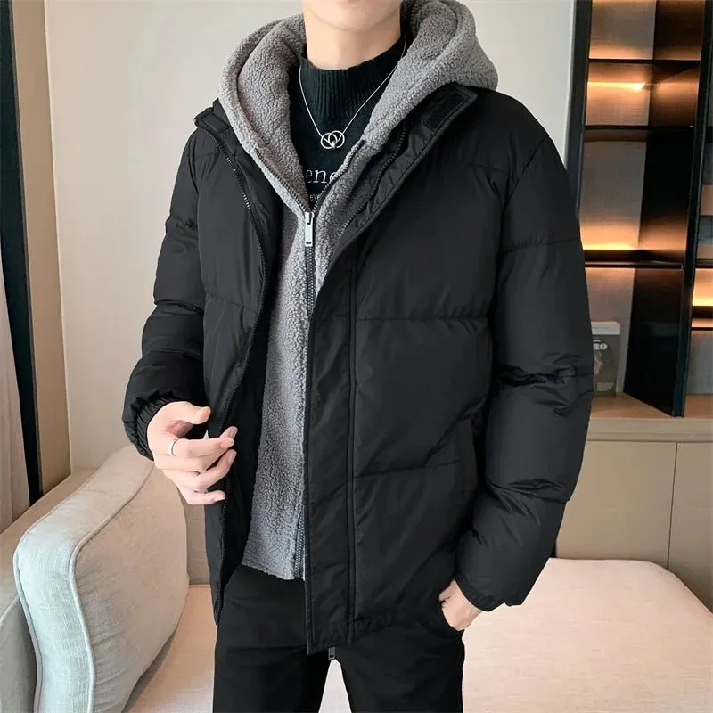 Thicken Warm Cotton Hooded Parka for Men High Quality Winter Outdoor Windproof Jacket in Black Fashion Style