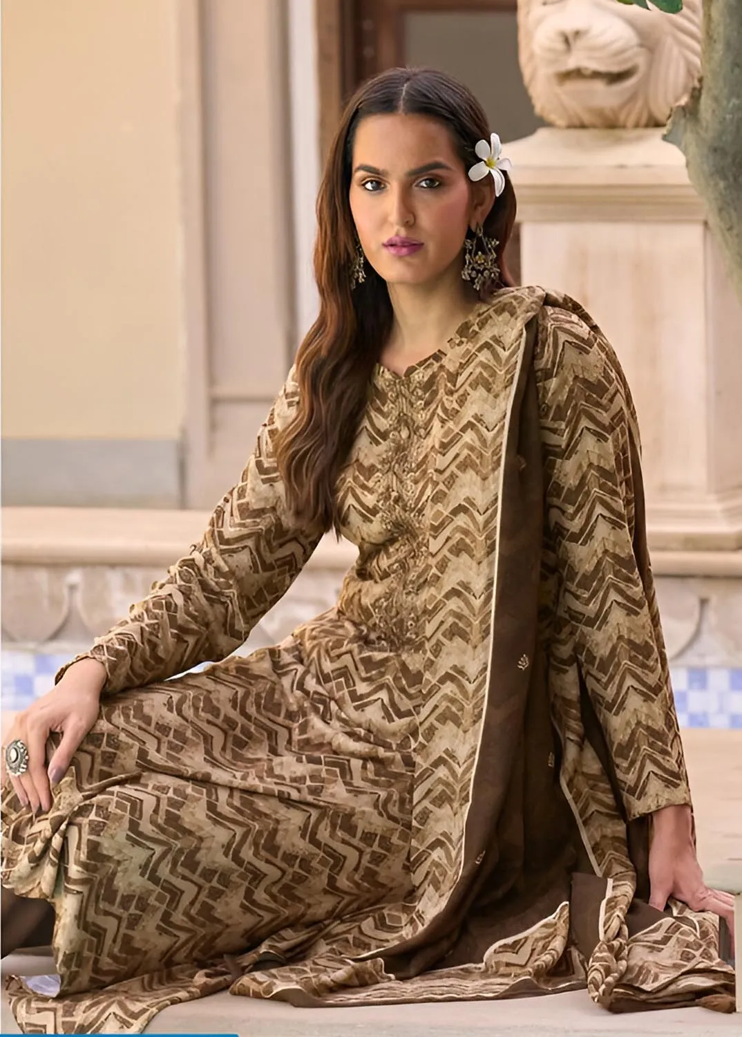 Unstitched Brown Pashmina Winter Suit Material for Women