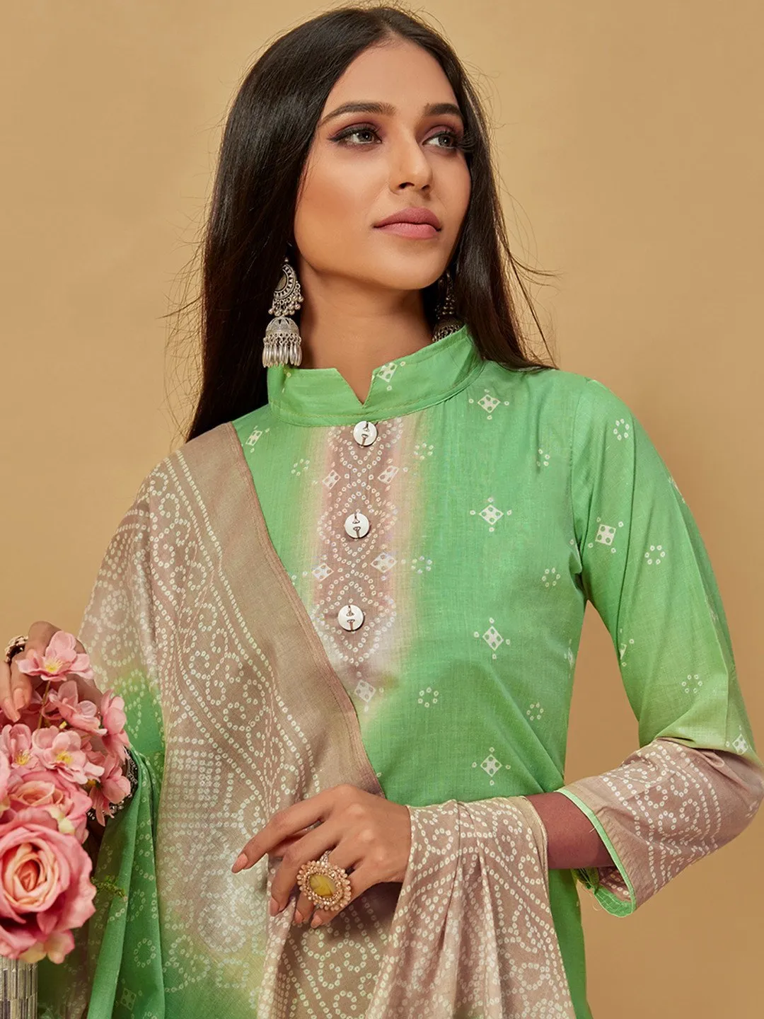 Unstitched Cotton Green Suit Dress Material for Ladies