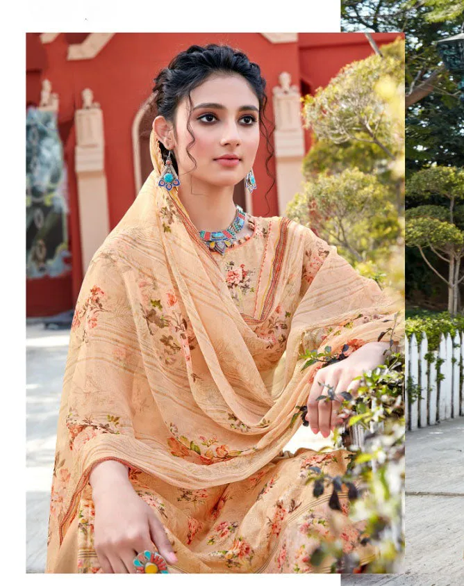 Unstitched Floral Printed Ladies Light Orange Cotton suits with dupatta