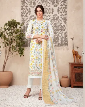 Unstitched White Printed Cotton Suits With Kota Work