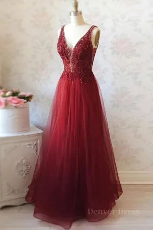 V Neck and V Back Burgundy Lace Long Prom Dresses Open Back Burgundy Formal Dresses Burgundy Lace Evening Dresses