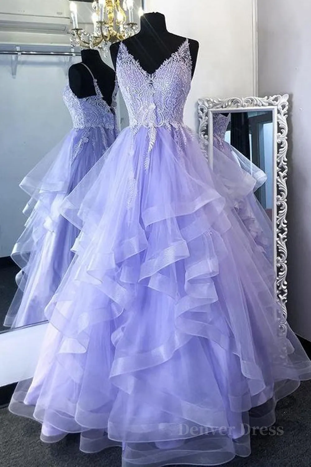 V Neck Open Back Purple Lace Long Prom Dresses Purple Lace Formal Evening Dresses Purple Ball Gown