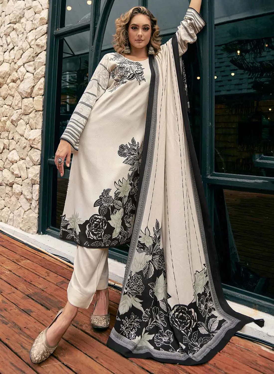 White Pashmina Unstitched Winter Suit Material with Shawl Dupatta