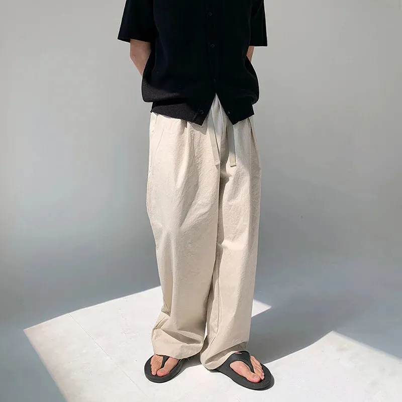 WIAOFELLAS  -  Japanese Men's Trend Drawstring Wide Leg Pants Men Straight Loose Casual Pants Korean Spring Summer Thin Long Pants 2D1315