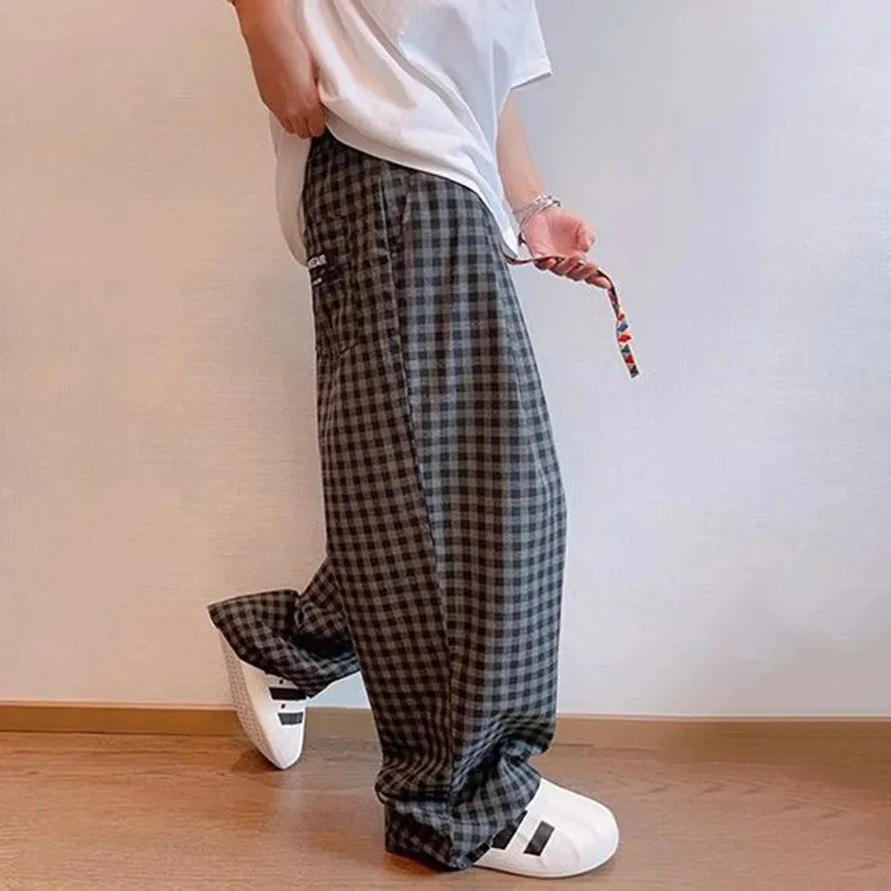 Wiaofellas  -  Men Y2k Black Gray Contrast Plaid Casual Pants Daily Streetwear Casual Personality Versatile Comfortable Straight Pants Men