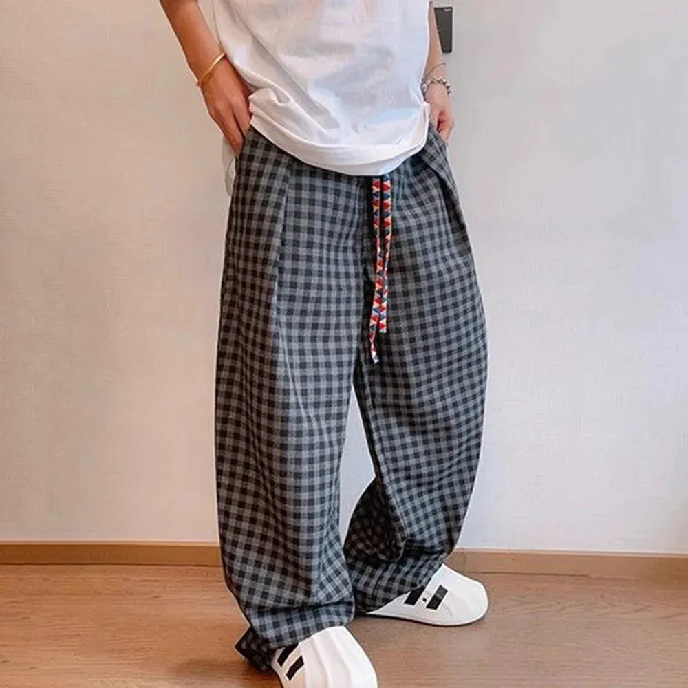 Wiaofellas  -  Men Y2k Black Gray Contrast Plaid Casual Pants Daily Streetwear Casual Personality Versatile Comfortable Straight Pants Men