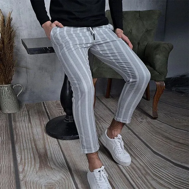 Wiaofellas New Casual Spring Summer Trouser Vintage Striped Printed Slim Pencil Pants Men Mid Waist Elastic Skinny Pants Men Streetwear