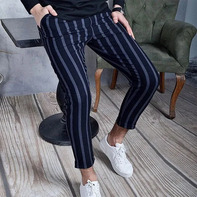 Wiaofellas New Casual Spring Summer Trouser Vintage Striped Printed Slim Pencil Pants Men Mid Waist Elastic Skinny Pants Men Streetwear