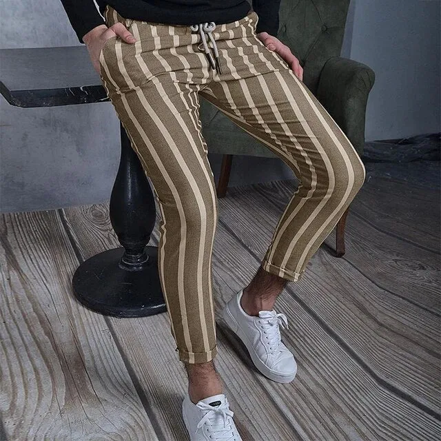 Wiaofellas New Casual Spring Summer Trouser Vintage Striped Printed Slim Pencil Pants Men Mid Waist Elastic Skinny Pants Men Streetwear