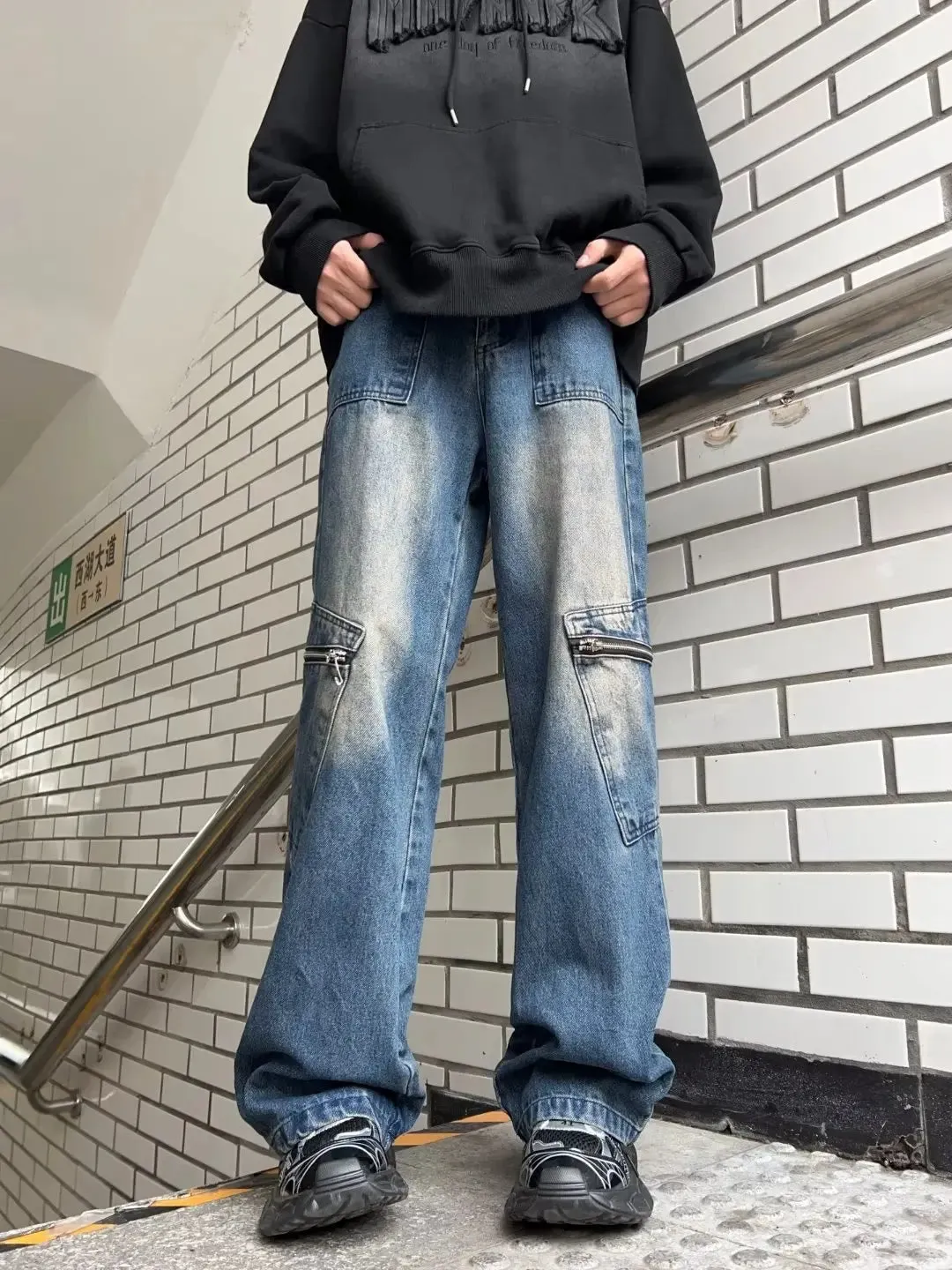 Wiaofellas Streetwear Pocket Design Men Jeans Cargo Pants Loose Plus Size Neutral Wide Leg Pants Harajuku Casual Denim Pants Gothic Y2K