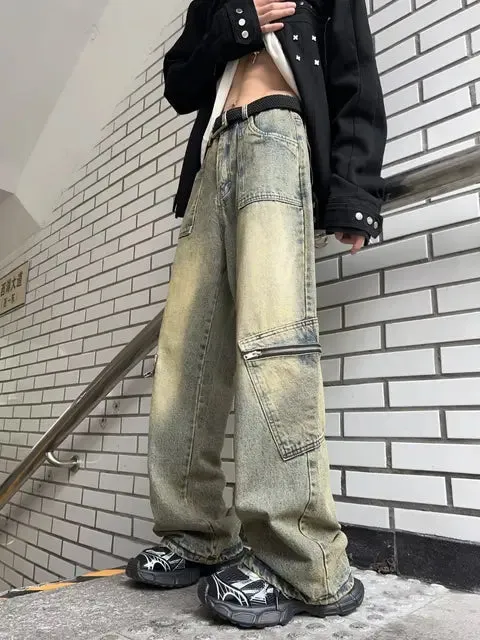 Wiaofellas Streetwear Pocket Design Men Jeans Cargo Pants Loose Plus Size Neutral Wide Leg Pants Harajuku Casual Denim Pants Gothic Y2K