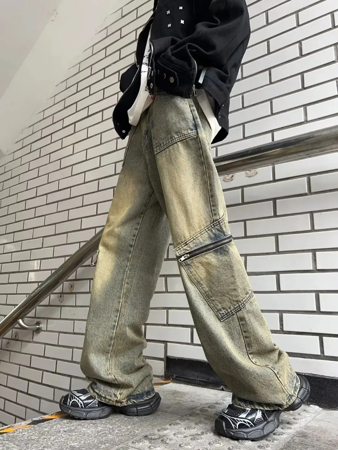 Wiaofellas Streetwear Pocket Design Men Jeans Cargo Pants Loose Plus Size Neutral Wide Leg Pants Harajuku Casual Denim Pants Gothic Y2K