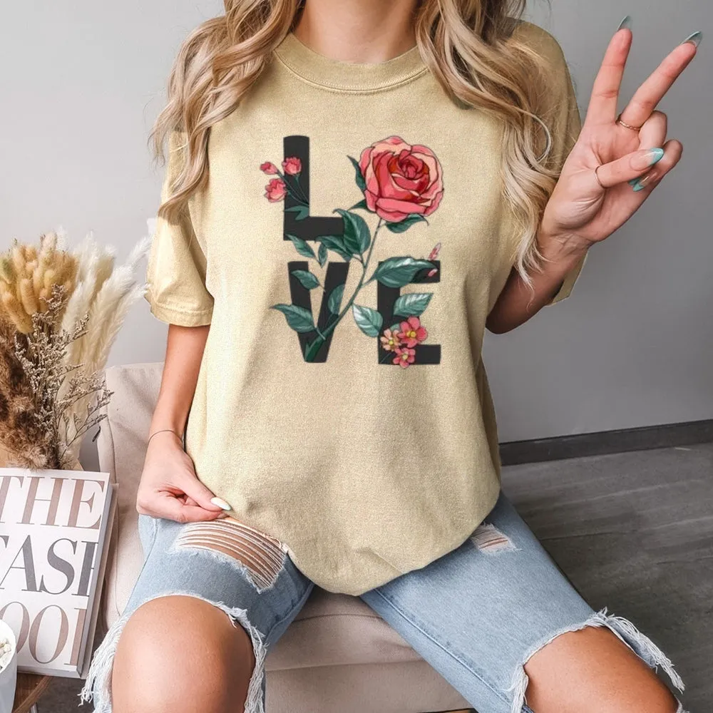 Women Love Flower Print Graphic T-shirt