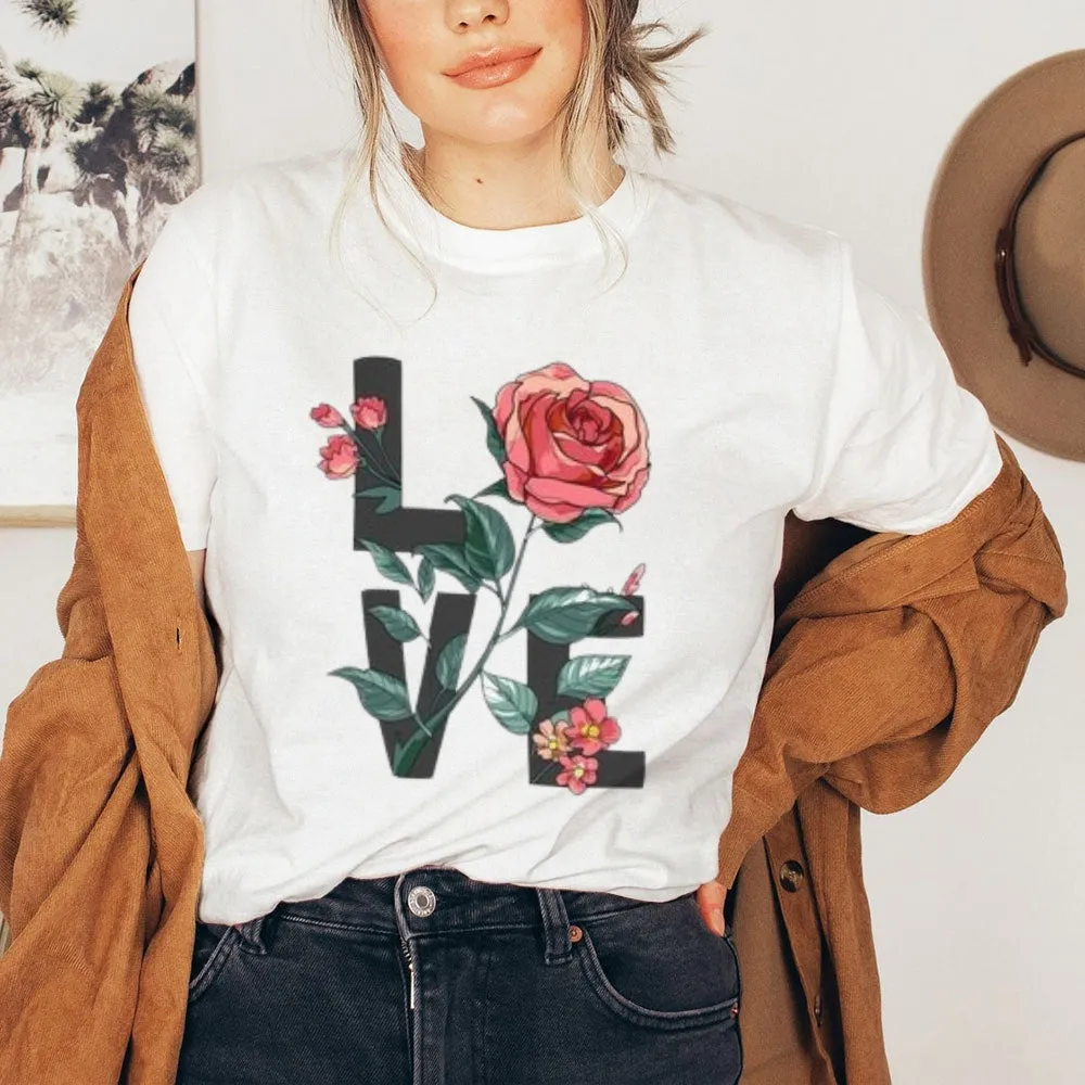 Women Love Flower Print Graphic T-shirt