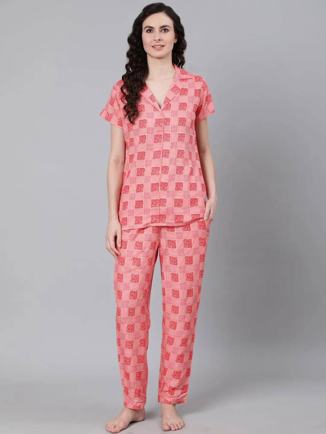 Women Pink Printed Night Suit