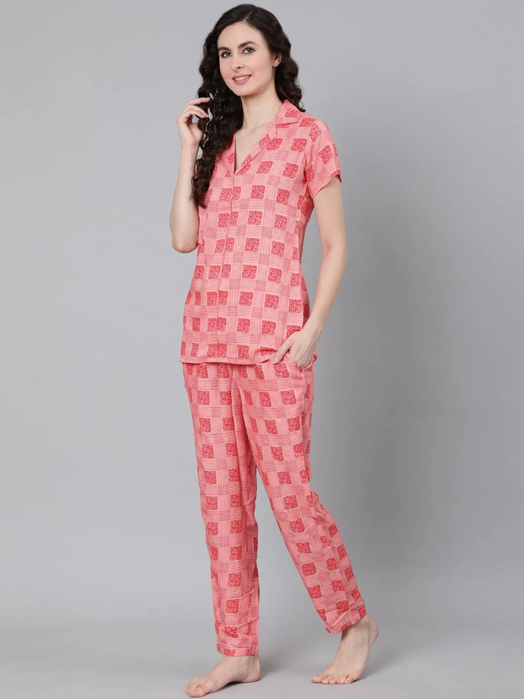 Women Pink Printed Night Suit