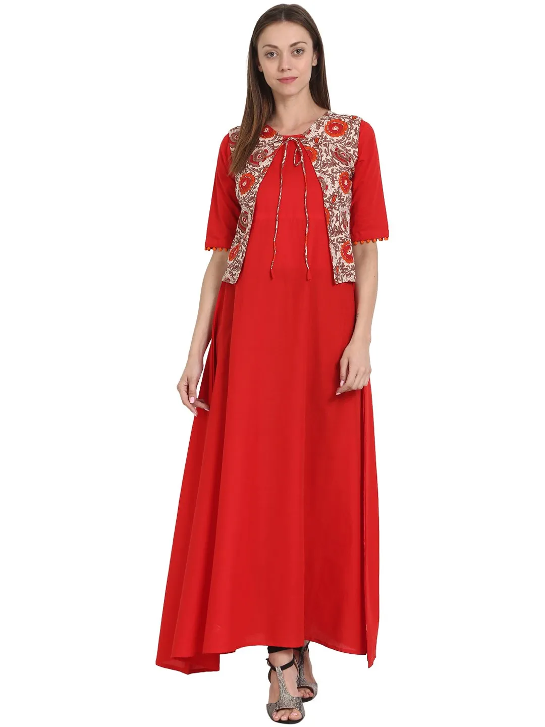 Women Red Half Sleeve Cotton Anarkali Long Kurta With Sleevless Printed Jacket