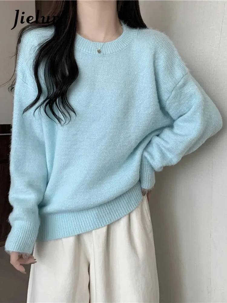 Women Sweater Autumn Winter Knitted Pullovers O-Neck Casual Loose Solid Color White Knitwear Jumpers Warm Sweaters Women