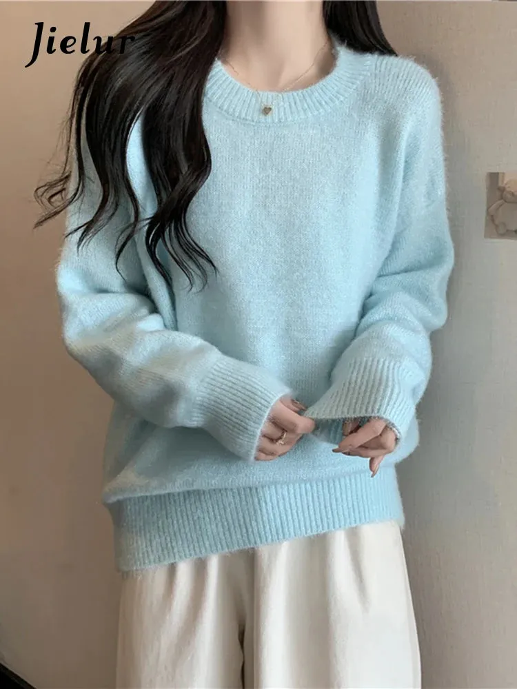 Women Sweater Autumn Winter Knitted Pullovers O-Neck Casual Loose Solid Color White Knitwear Jumpers Warm Sweaters Women