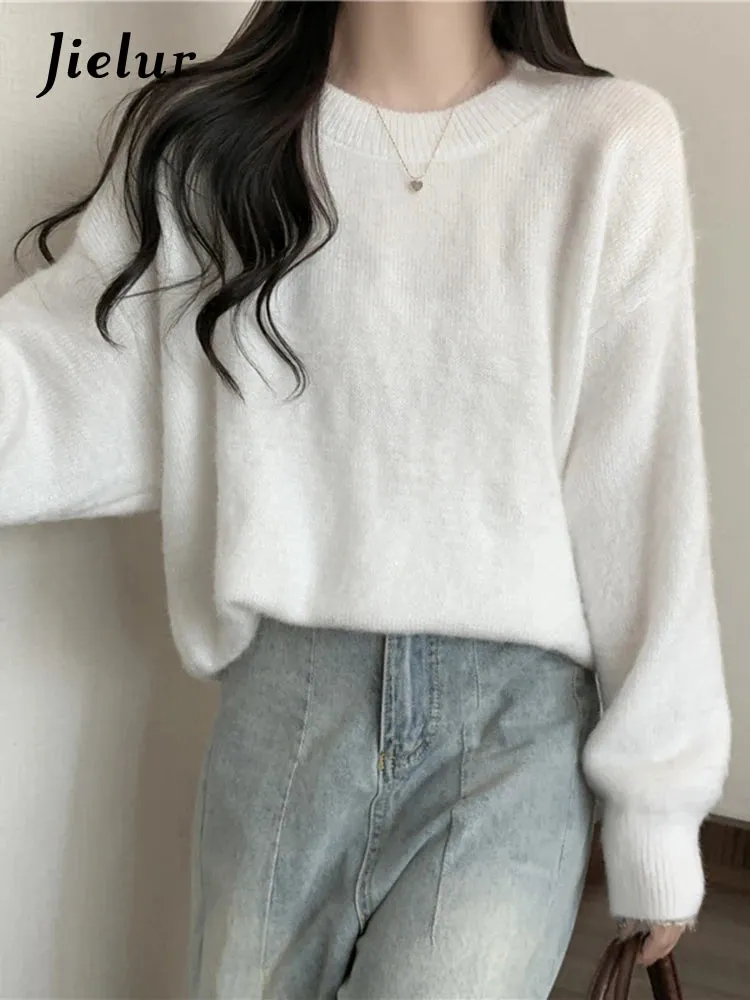 Women Sweater Autumn Winter Knitted Pullovers O-Neck Casual Loose Solid Color White Knitwear Jumpers Warm Sweaters Women