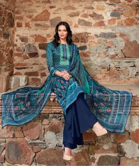 Women's Blue Cotton Pakistani unstitched suits Dress Material With Dupatta