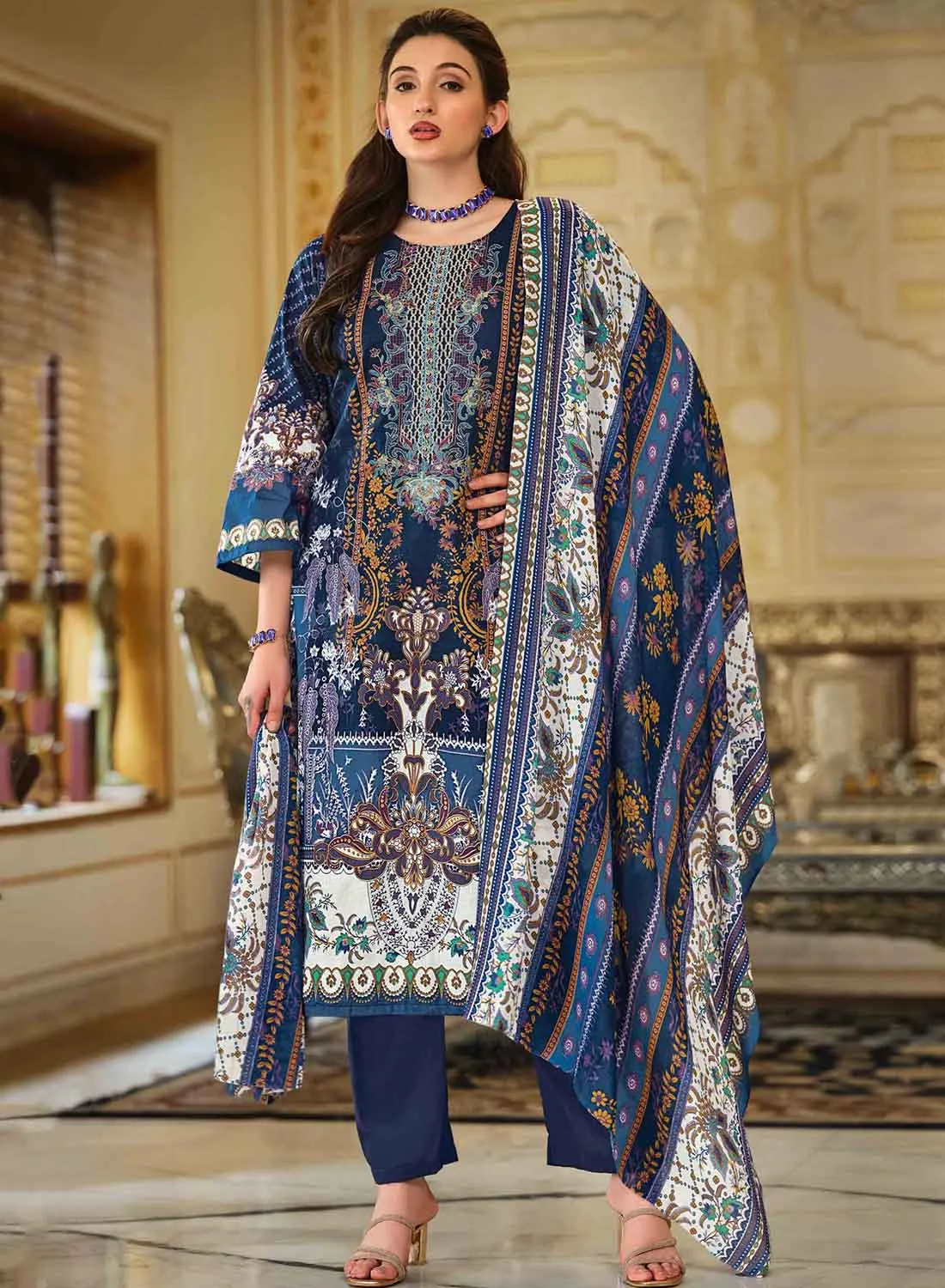 Women's Blue Pakistani Print Unstitched Cotton Salwar Suit Material