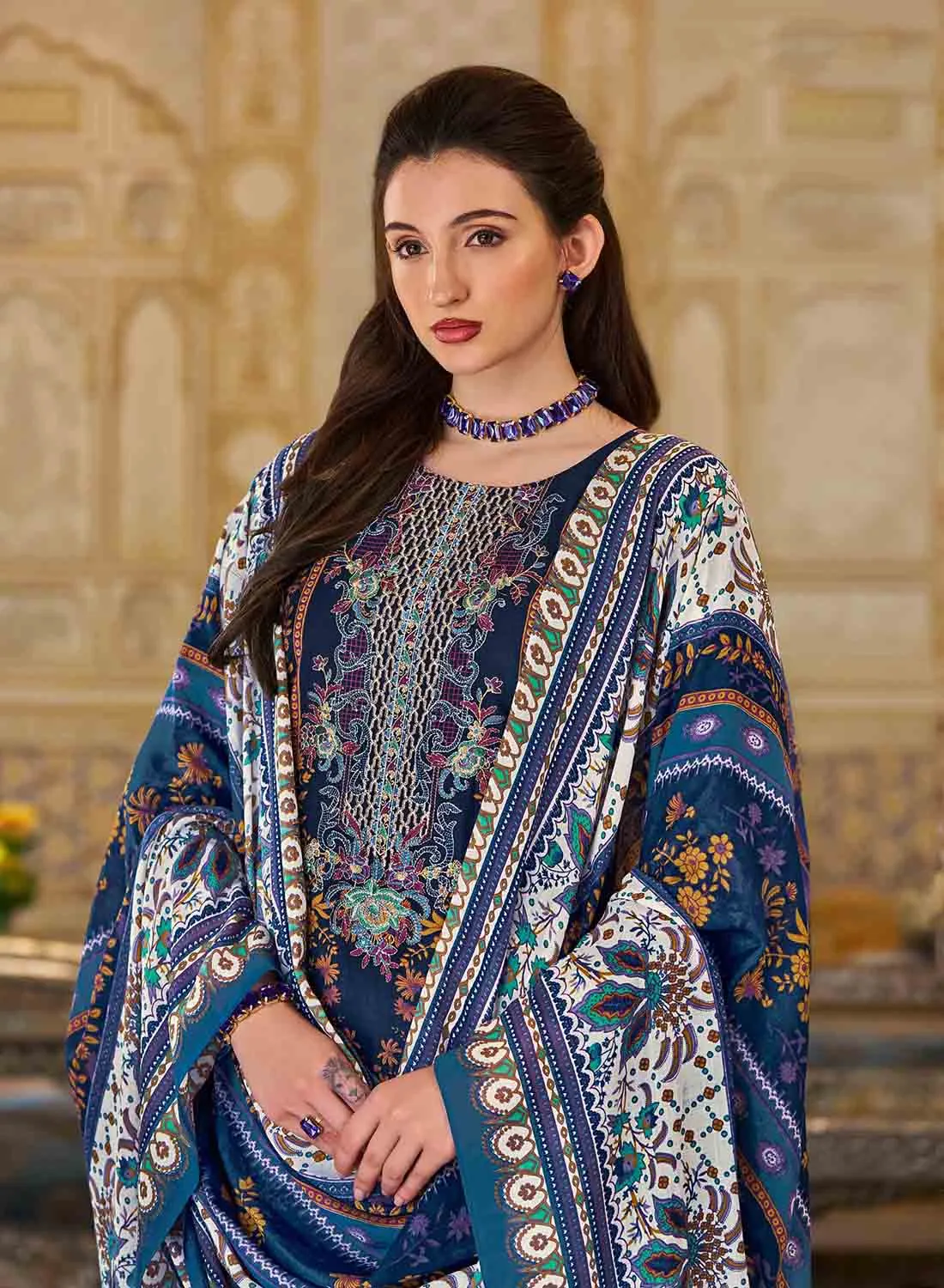 Women's Blue Pakistani Print Unstitched Cotton Salwar Suit Material