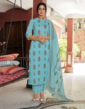 Women's Pure Cotton Unstitched Blue Suit Dress Material