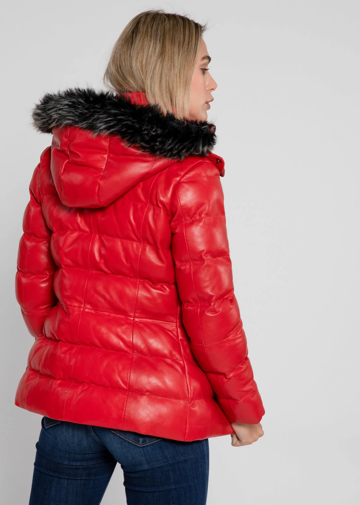 Women's Striking Puffer Down Red Leather Jacket with Fur