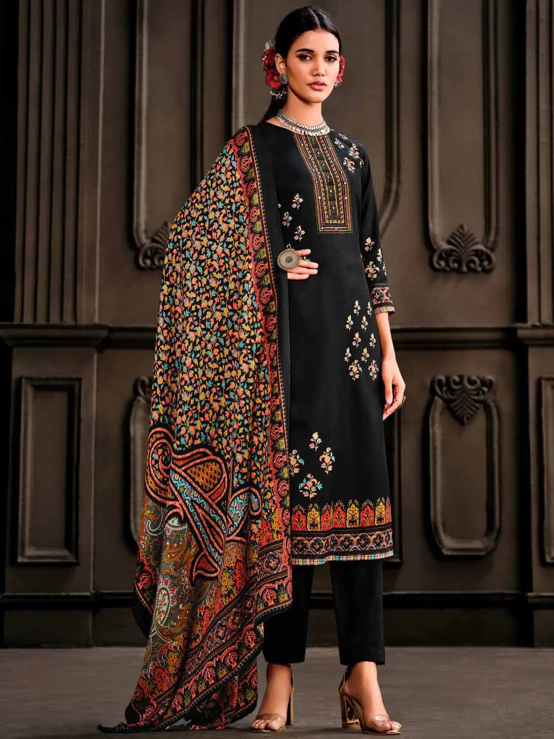 Wool Pashmina Black Unstitched Winter Ladies Suits Set