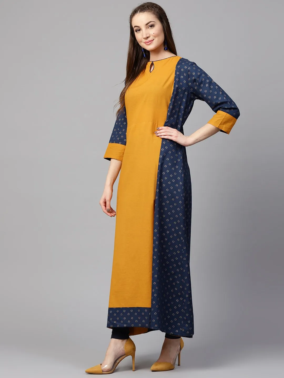 Yellow 3/4Th Sleeve Cotton Kurta With Printed Front Open Jacket Kurta