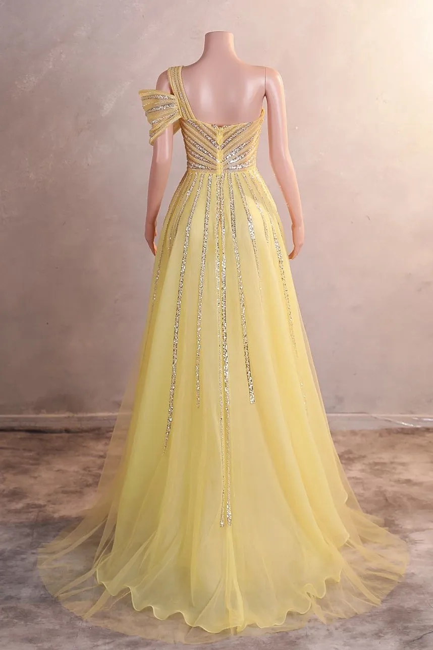 Yellow Off Shoulder Mermaid Prom Dresses Luxurious Silver Bead Trumpet Formal Dresses