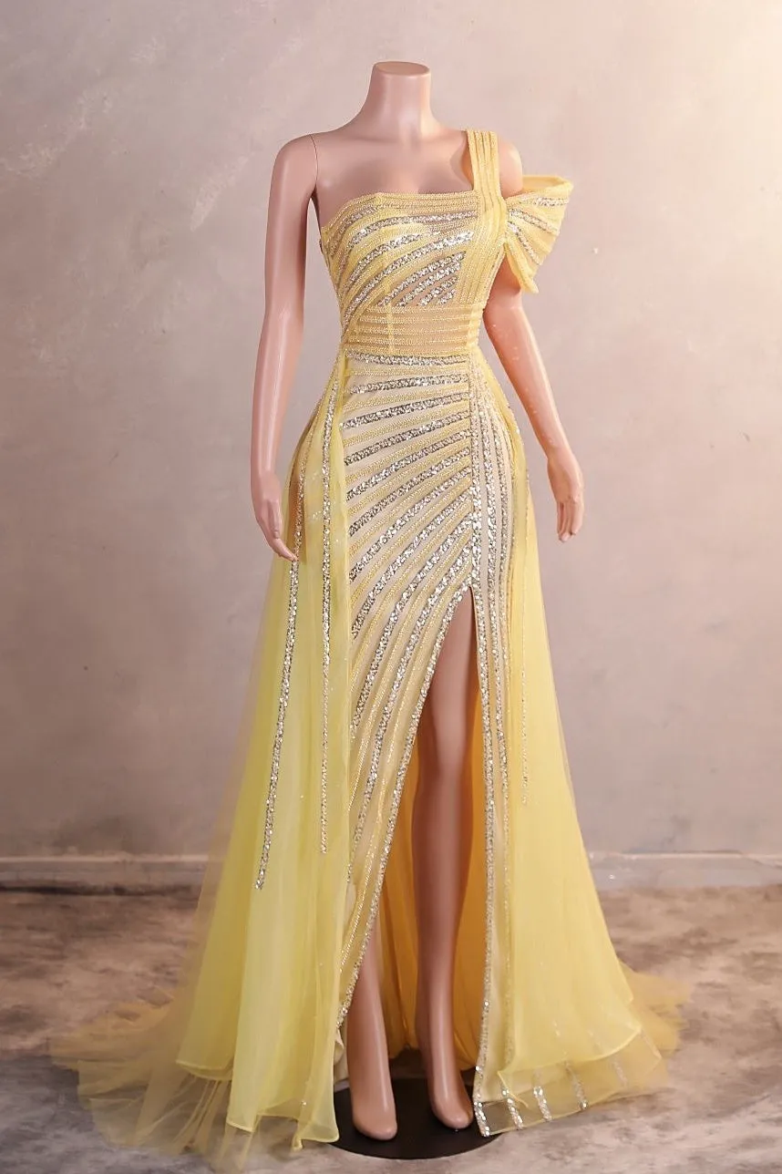 Yellow Off Shoulder Mermaid Prom Dresses Luxurious Silver Bead Trumpet Formal Dresses